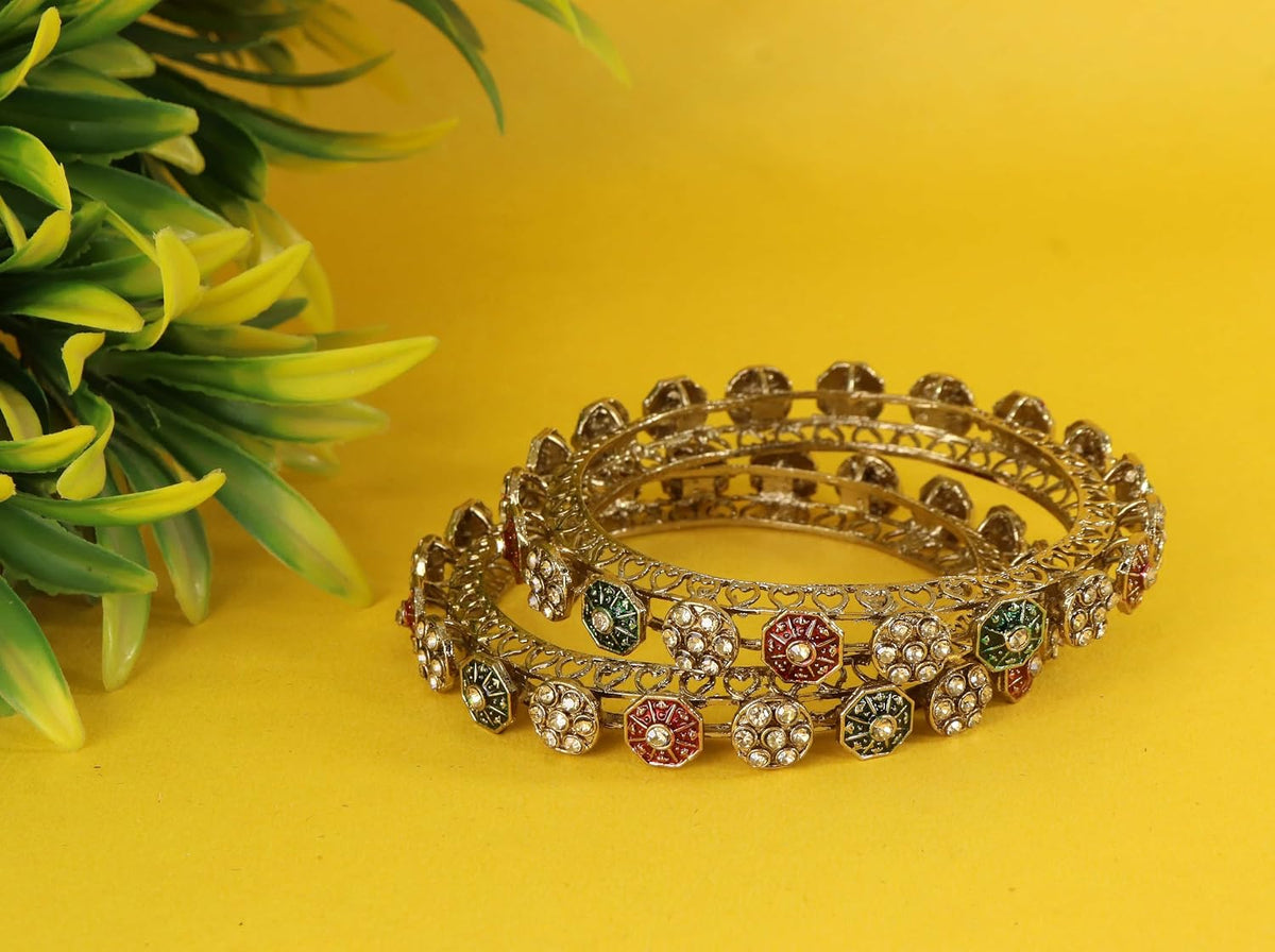 NMII Designer Alloy Metal Kada For Women & Girls | Gold Plated Floral Meenakari Kangan | Traditional Ethnic Jewellery | Wedding Party Stylish Fancy Kada Gift - Set Of 2