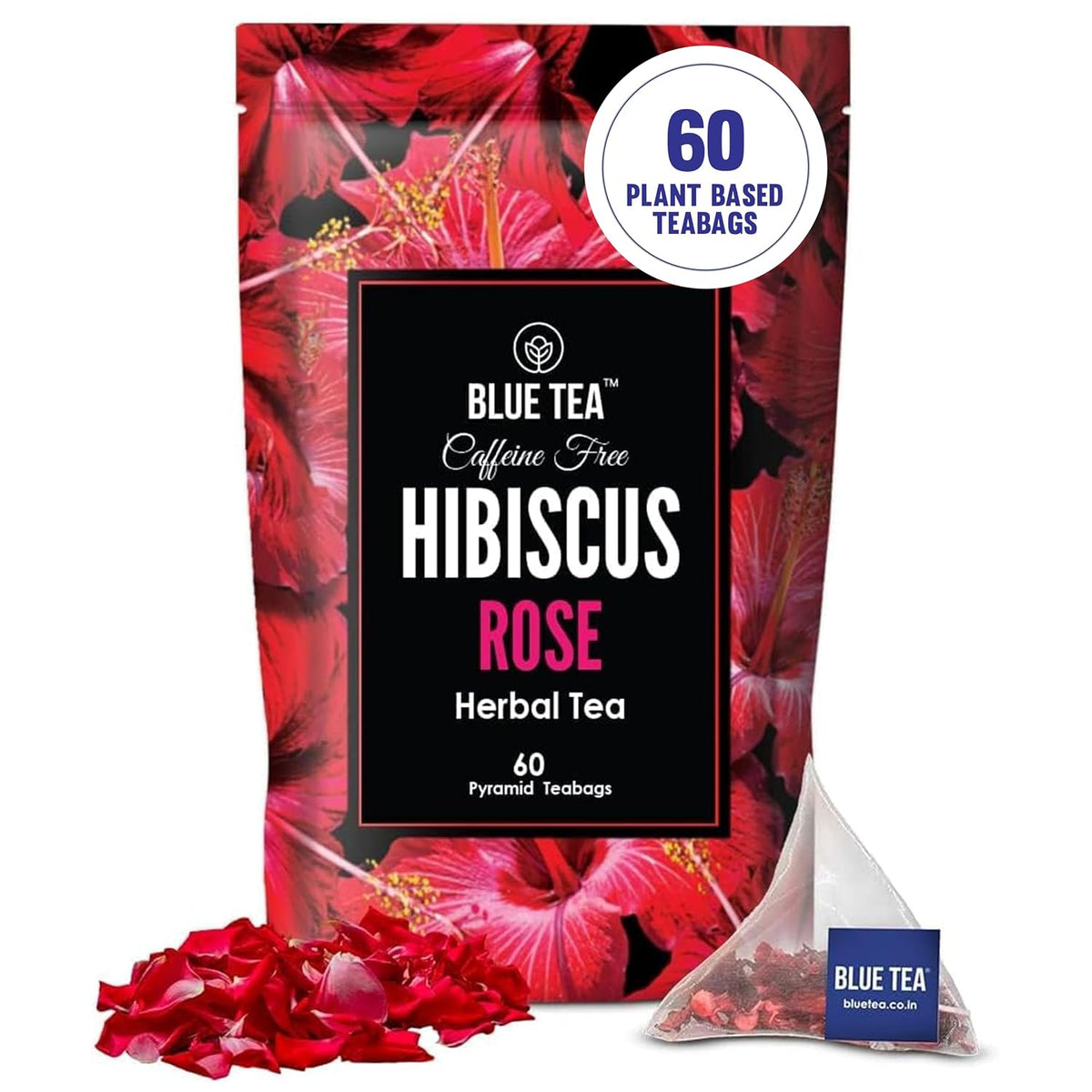 BLUE TEA - Hibiscus Rose Tea - 60 Tea Bags - Plant Based | SKIN GLOW ENHANCING TEA | Caffeine Free - Flower Based - Tangy Flavor - Vegan - Gluten Free - Herbal Tea | Ziplock Pouch