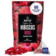 BLUE TEA - Hibiscus Rose Tea - 60 Tea Bags - Plant Based | SKIN GLOW ENHANCING TEA | Caffeine Free - Flower Based - Tangy Flavor - Vegan - Gluten Free - Herbal Tea | Ziplock Pouch