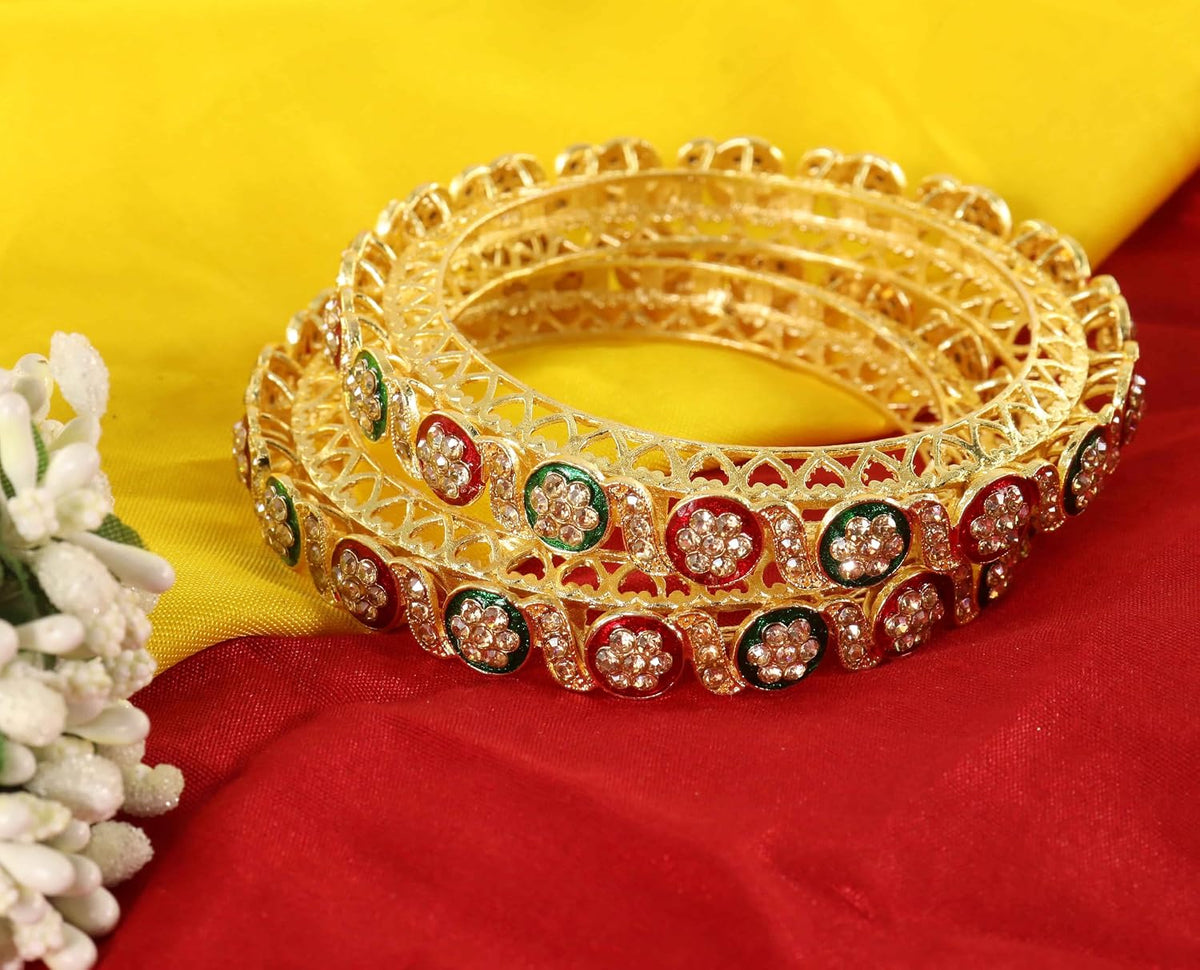 NMII Traditional Kundan Stone Work Metal Bangles For Women & Girls | Mirror Bangles | Bangles For Women Wedding, Party, Festival, Function | Women's Fashion Jewellery