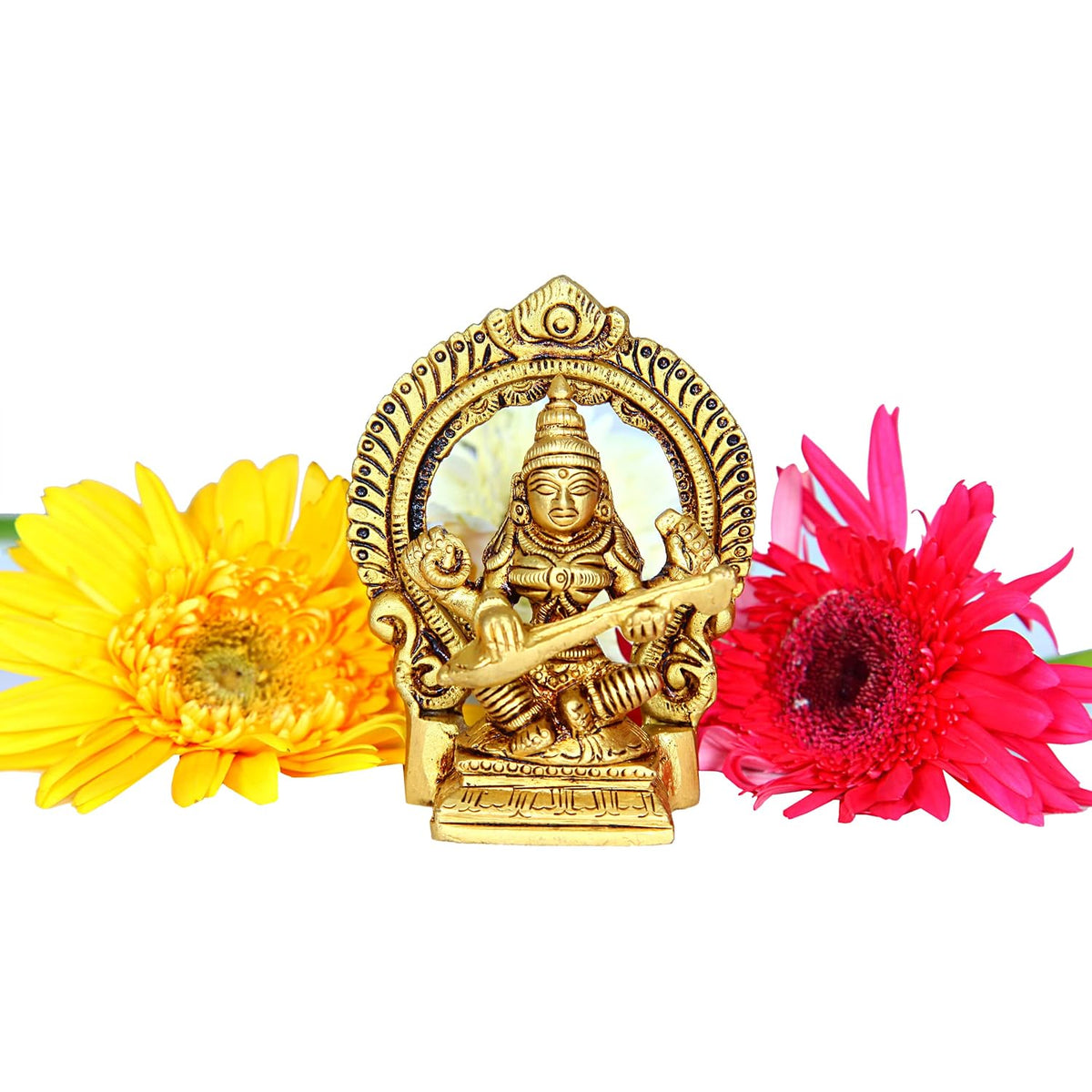 Aalayam Selveer Saraswati Devi Brass Idol with Arch | Brass Saraswati Idol Small | Saraswati Devi Statue Brass 9 CM Height, Gold Colour, 1 No