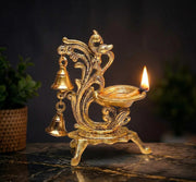 KridayKraft Aluminium Diya for Puja Room Oil Lamp in Peacock Design with Bell (Gold, Pack of 1 Pcs)