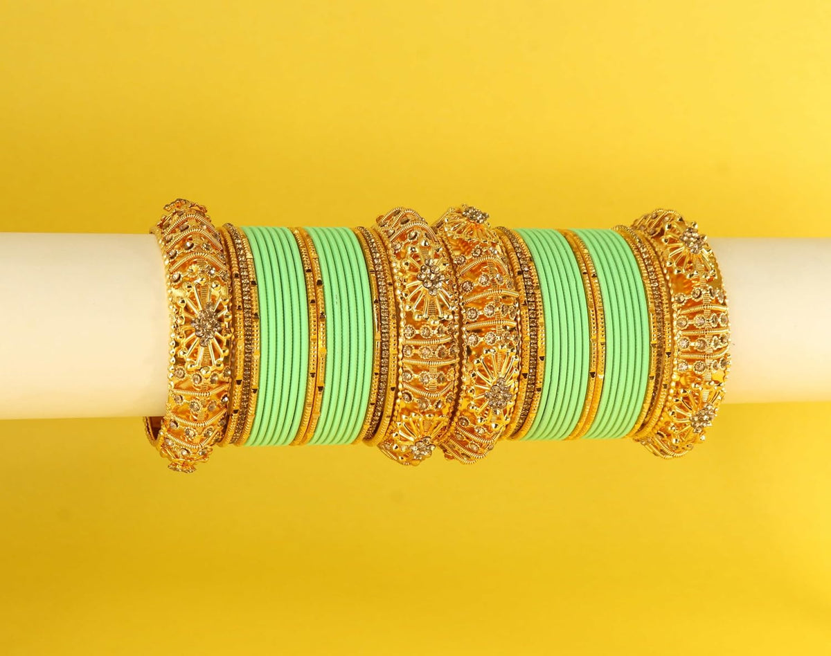 NMII 44 Pcs Velvet Bridal Chuda Set Work With Zircon Stone & Floral Design | Gold Plated Link Chain Chudi | Stone Studded Bangles | Metal Bridal Chura | Designer Choora For Wedding & Festive