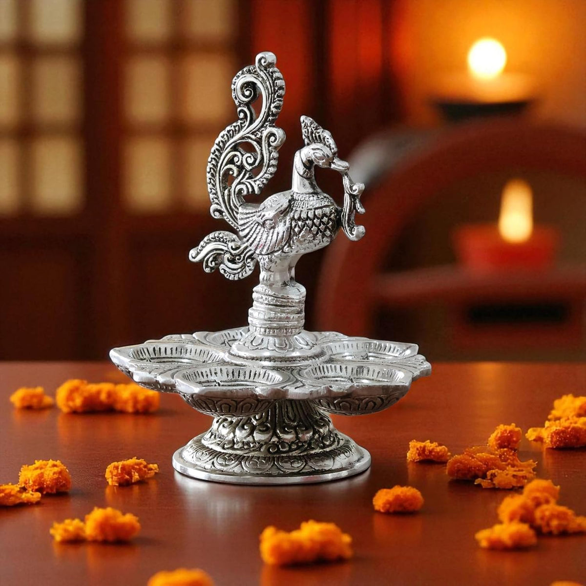 KridayKraft Traditional Silver-Plated Peacock Pooja Thali, 5-Compartment Diya Stand with Ornate Design