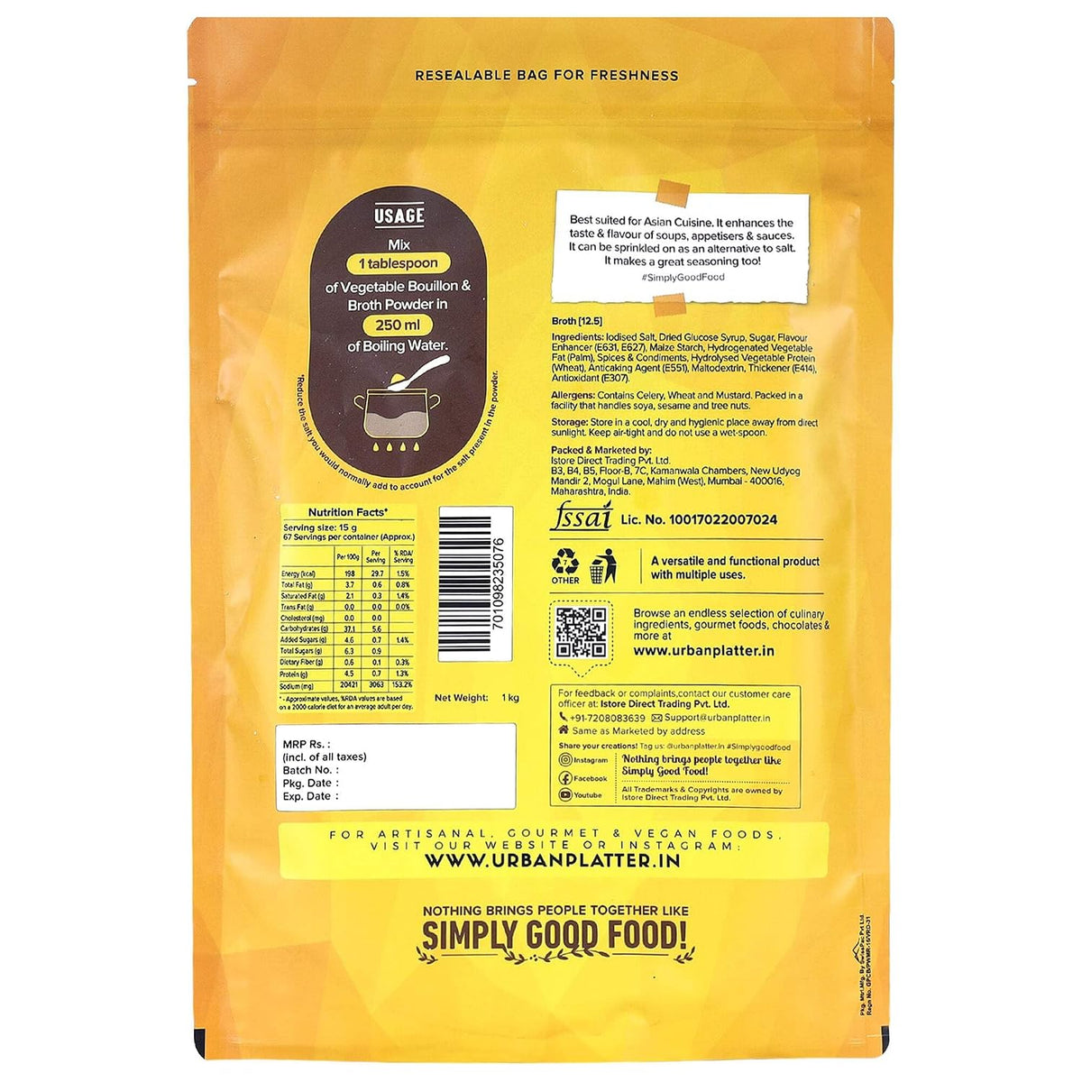 Urban Platter Vegetable Bouillon & Broth Powder, 1kg (Plant-Based | Instant Vegetable Stock | MSG-free | Umami-Rich)