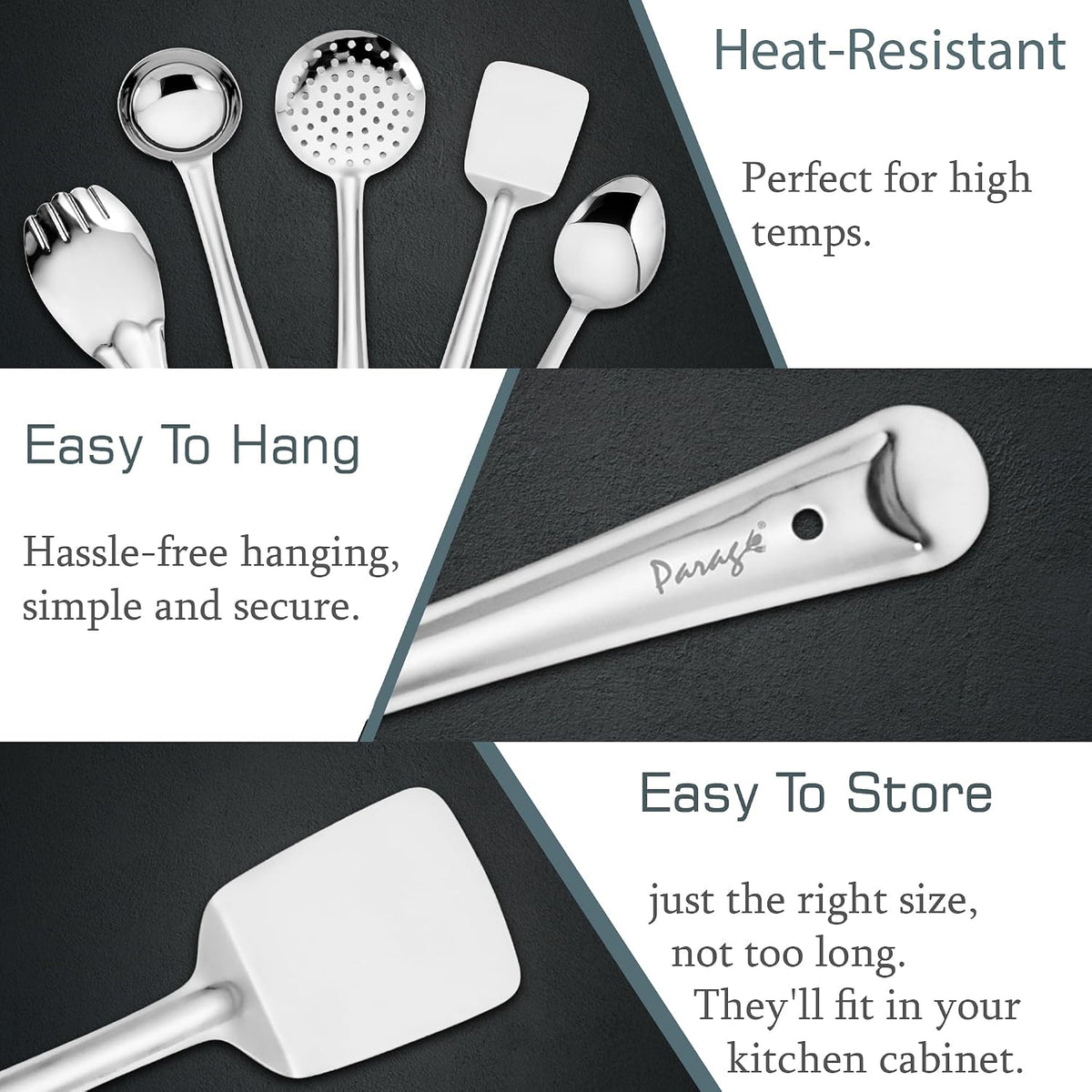 Parage 5 Pieces Stainless Steel Kitchen Tools Set for Kitchen Cooking and Serving, Pack of 5, Ladle(Karchhi), Skimmer(Jhara), Turner/Spatula (Palta), Basting and Rice Spoon, Silver