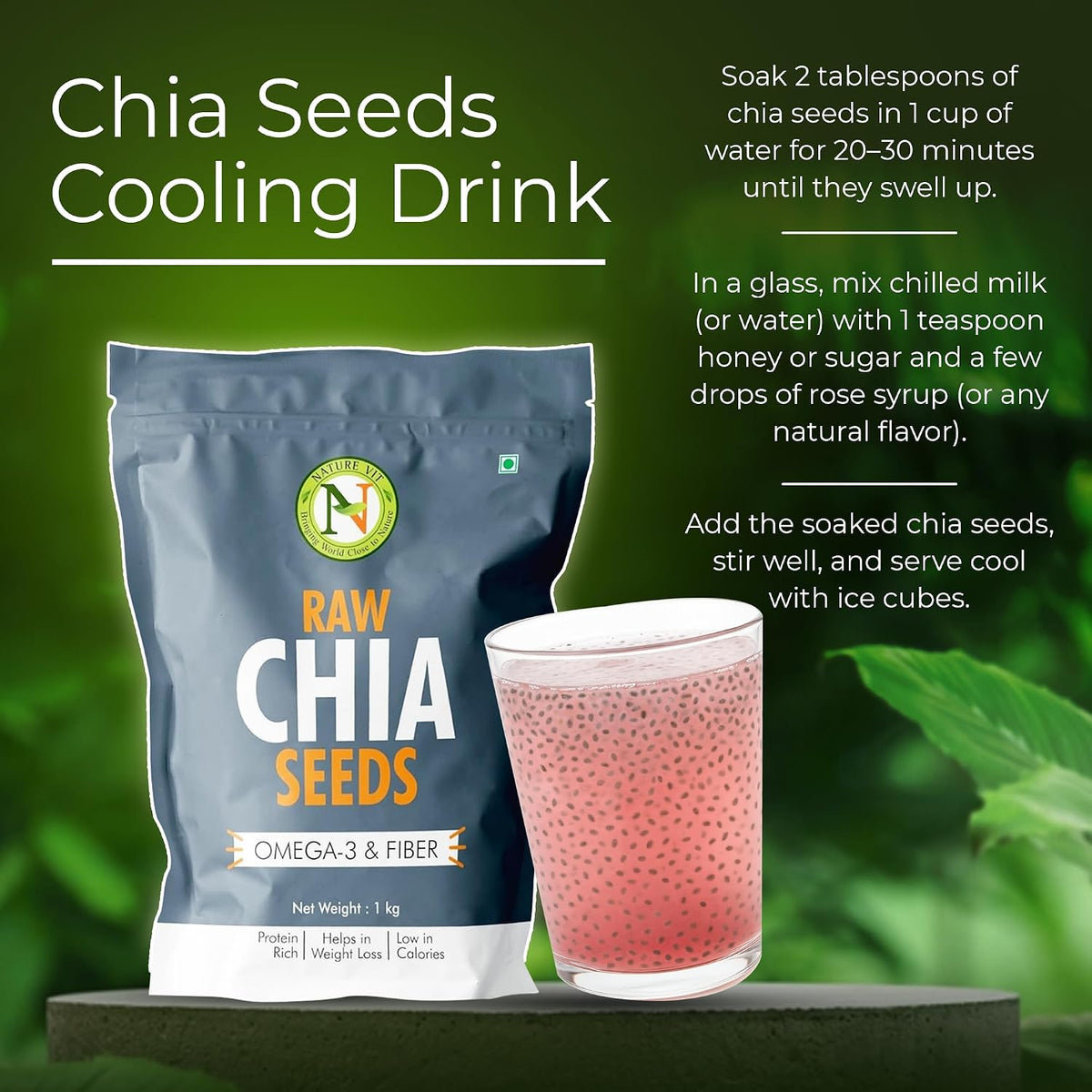 NatureVit Raw Chia Seeds 1 Kg | Superfood for Eating | Rich in Omega-3, Fiber & Protein | Ideal for Weight Loss, Digestion & Energy | Gluten-Free & Vegan