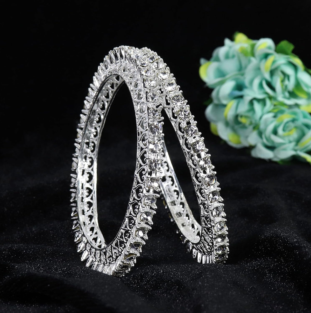NMII Designer Metal Zircon Diamond Stone Bangles Kada Set For Girls & Women | Latest Women's Bangles | Trendy Kada For Women | Metal Bangles | Bangles For Wedding, Party, Festive- Set of 2