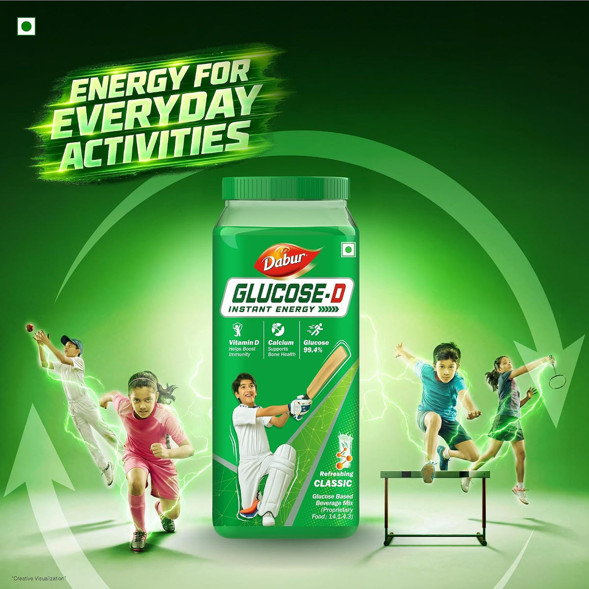 Dabur Glucose-D Instant Energy Drink Powder - 1kg | Enriched with Vitamin D & Calcium | 99.4% Glucose Quick Energy Replenishment Formula | Easy to Mix Refreshing Drink
