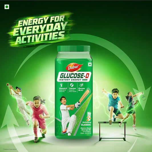 Dabur Glucose-D Instant Energy Drink Powder - 1kg | Enriched with Vitamin D & Calcium | 99.4% Glucose Quick Energy Replenishment Formula | Easy to Mix Refreshing Drink