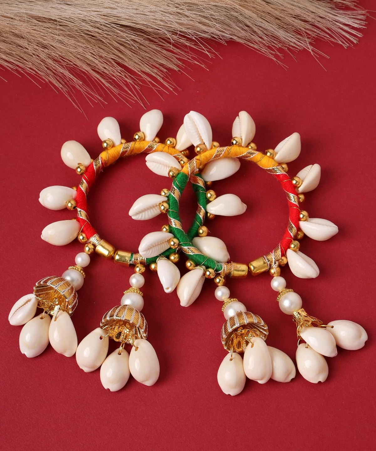 NMII Beautiful Sea Shells Kaudi Latkan Bangles Set For Women & Girls with Pearls Moti & Golden Balls | Handmade Bridal Bangles Bracelet For Wedding, Haldi, Mehandi, Sangeet Jewellery- Set of 2 Kada