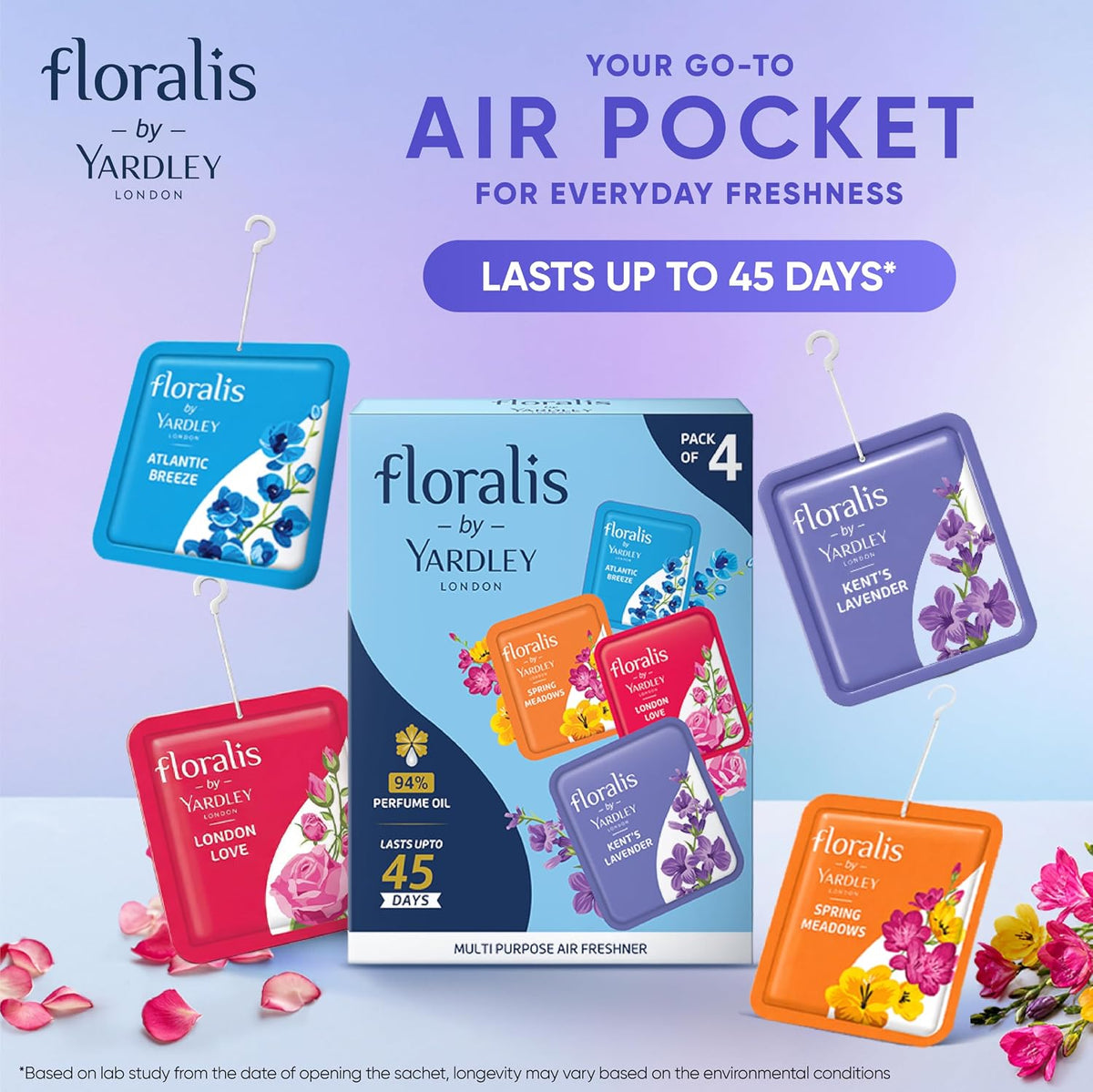 Floralis by Yardley London Air Pocket | Assorted Pack | Lasts up to 45 Days | For Cars, Cupbaord, Bathroom | 94% Perfume Oil