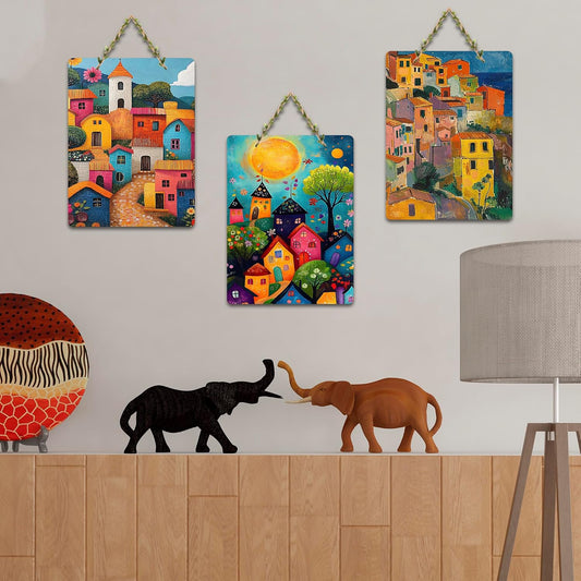 Artvibes Magical Sunset Coastal Village View Art Decorative Wall Art MDF Wooden Wall Hanger for Living Room | Home Decor | Wall Accent | Wall Illustrations | Art Print | Gift Item (WH_9622N), Set of 3