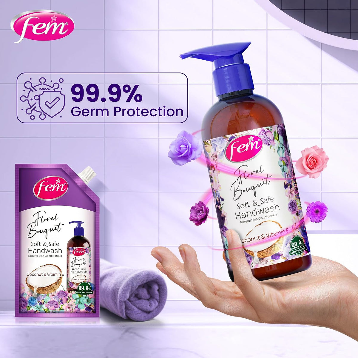 DABUR Fem Floral Bouquet Soft & Safe Handwash - 1500 Ml | Germ Protection | Enriched With Goodness Of Coconut Milk & Vitamin E | Long Lasting Fragrance (Pack of 1)