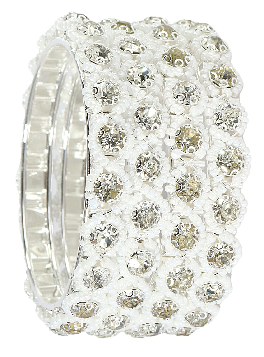 NMII Metal White Moti Bangles with Zircon Diamond Stone For Women & Girls | Designer Pearls Kada | Trendy Girl's Bangles Bracelet | Traditional Kangan For Wedding, Party, Festive, Everyday- Set of 4