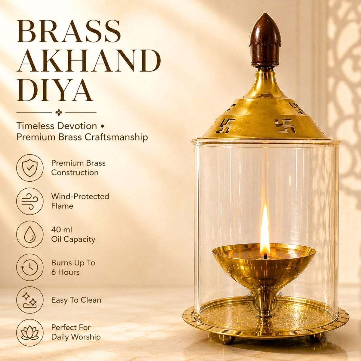 DSH Brass Akhand Diya Decorative Brass Glass Oil Lamp and Tea Light Holder for Diwali Pooja and Gift Item. (S)