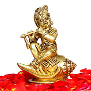 Aalayam Selveer Bal Krishna Sitting on Shankh Brass Statue | Krishna Sitting Idol | Gold Color, 11.5cm Height, 1 Piece