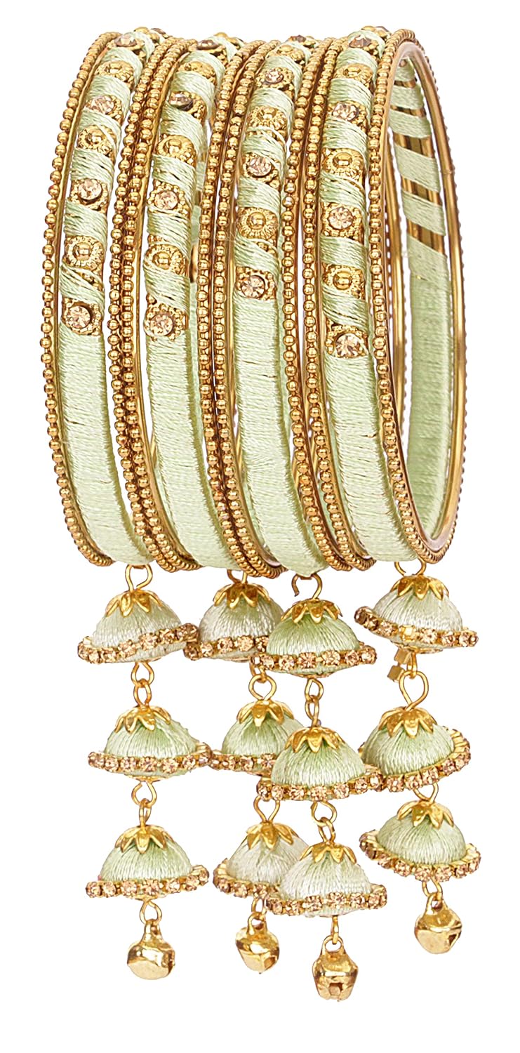 NMII Metal & Silk Thread Jhumka Zircon Latkan Stylish Bangles Set For Women's and Girls | Women's Fancy Latkan Bangles Set | Ethnic Fashion Jewellery- Set of 12 Bangle, (G405_Pista-2.8(2.8))