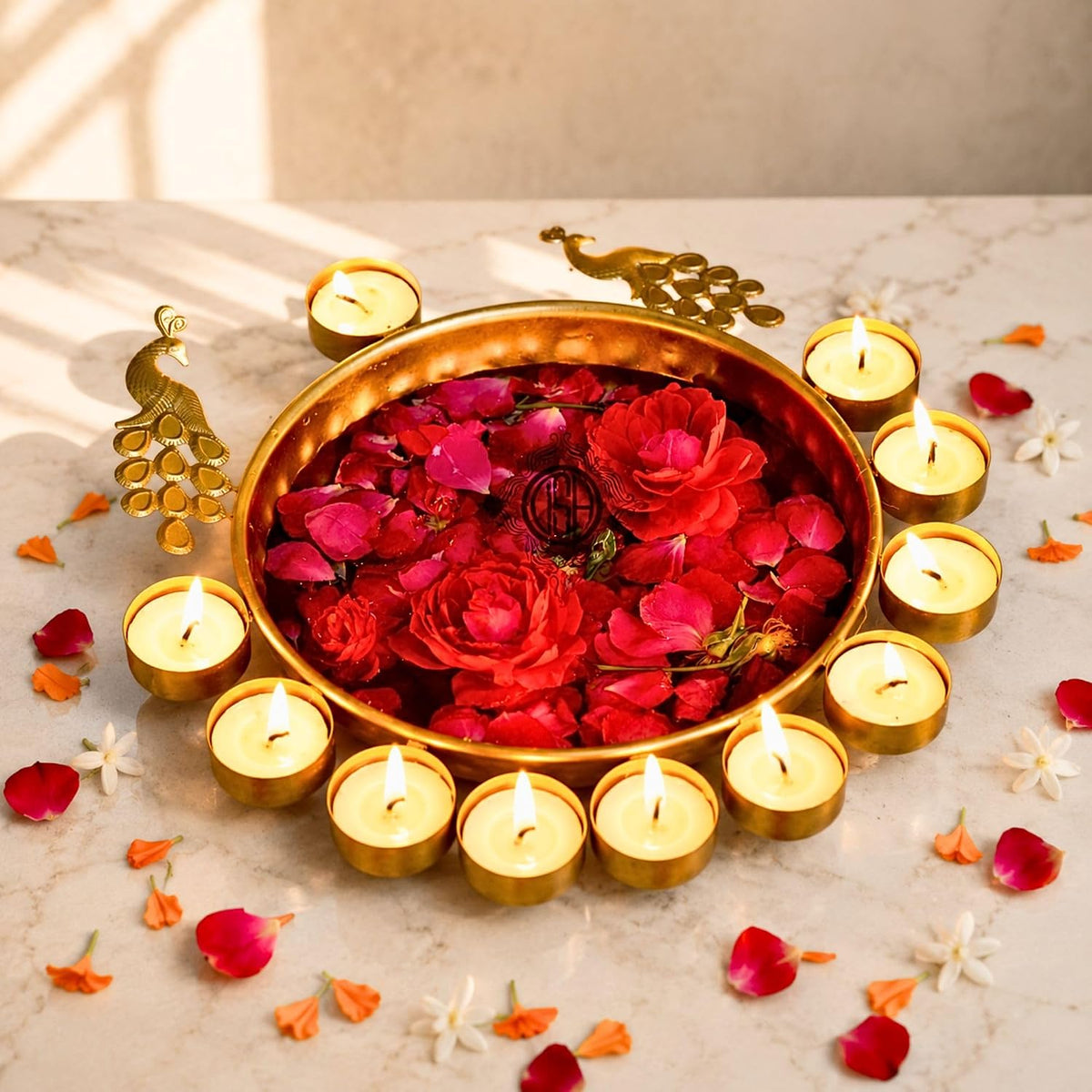 DSH Urli Bowl Handcrafted Bowl for Flowers and T- Light Candles Table Decor Diwali Home Decor Decoration. (Peacock Urli).