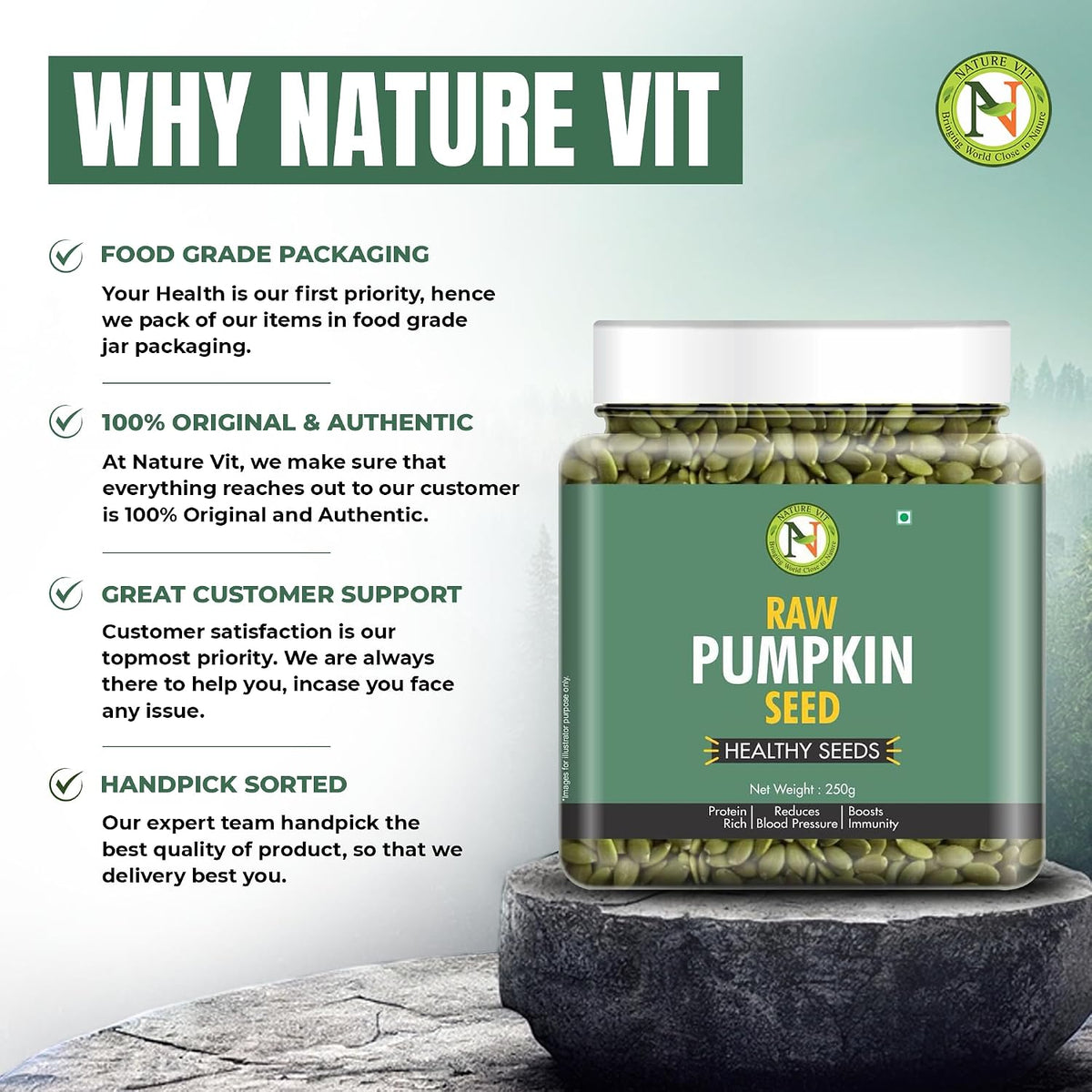 NatureVit Pumpkin Seeds 250 Gram | Raw & Unsalted | Protein Rich Super Seeds for Eating | Immunity Booster Snack | Ideal for Weight Loss & Healthy Heart