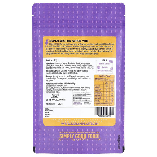 Urban Platter 9-in-1 Super Seed Mix, 250g (Roasted and Salted | Sunflower | Watermelon | Flax | Pumpkin | White and Black Sesame | Split Coriander | Dill | Carom)