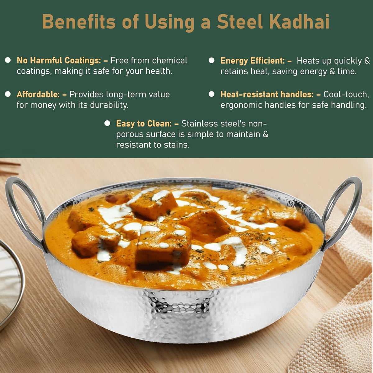 Parage 1 Piece Stainless Steel Hammered Kadhai 1.2 LTR. with Heavy Bottom for Kitchen/Utensils | Cooking, Deep Frying | Gas Stove Friendly Cookware (Silver)
