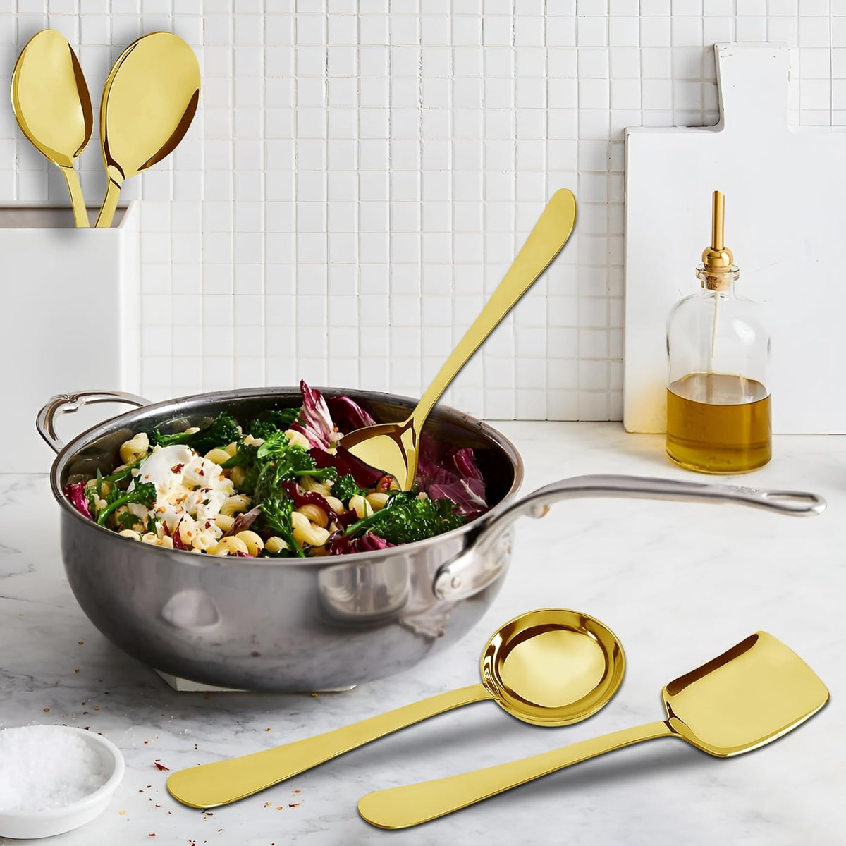 Parage 5 Pieces Stainless Steel Serving Spoons Set of 5 for Dining Table/Kitchen, 1.8 mm Heavy Gauge (2 Soup Ladle/Karchi, 1 Deep Turner, 1 Solid Spoon (Chamcha), 1 Rice Spoon) (Steel Gold, Pack of 5)