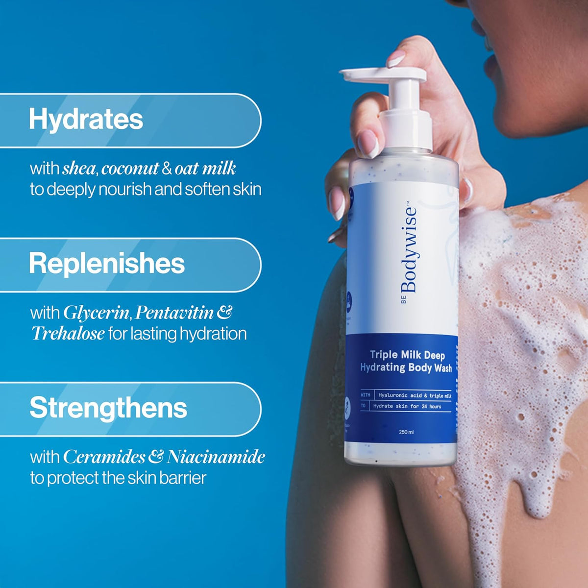 Be Bodywise Triple Milk Deep Moisturizing Body Wash 250ml |For Dry & Dehydrated Skin | With 6% Triple Milk Extracts & 3% Hydrating Boosters | Lasting Hydration & Skin Barrier Support | Paraben & SLS Free