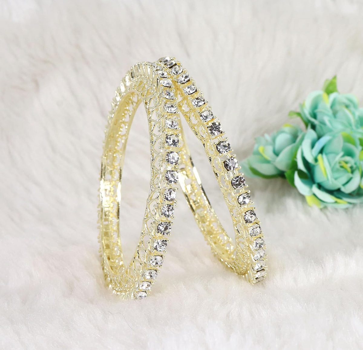 NMII Designer Metal Zircon Diamond Stone Bangles Kada Set For Girls & Women | Latest Women's Bangles | Trendy Kada For Women | Metal Bangles | Bangles For Wedding, Party, Festive- Set of 2