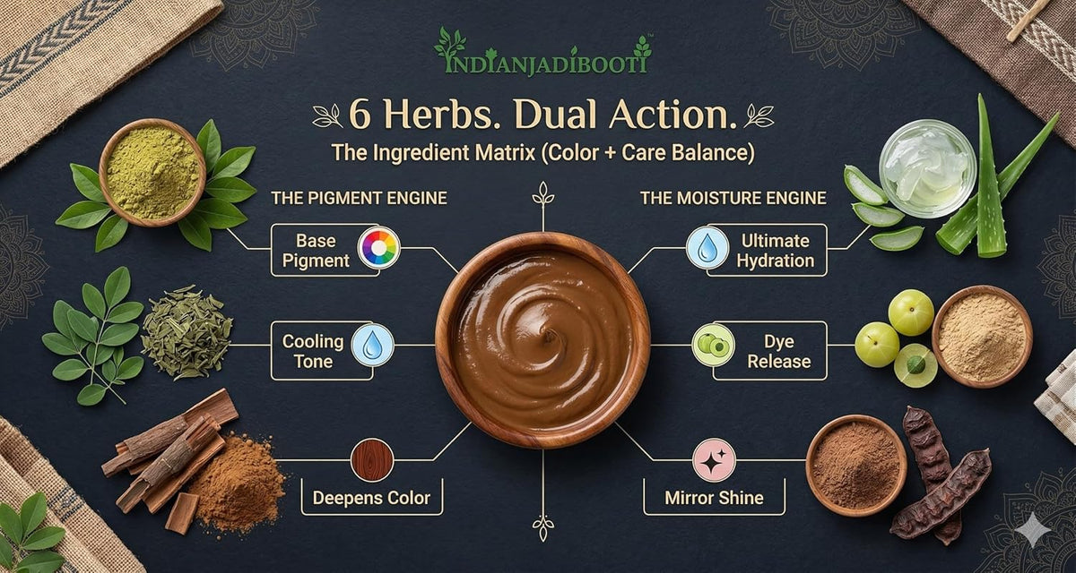 IndianJadiBooti Natural Brown Tint DIY Hair Mask (Varna) – Premium Henna, Indigo, Katha, Amla, Shikakai & Aloe Vera – Raw Ayurvedic Powder for Rich Brown Pigment & Deep Conditioning (150g)