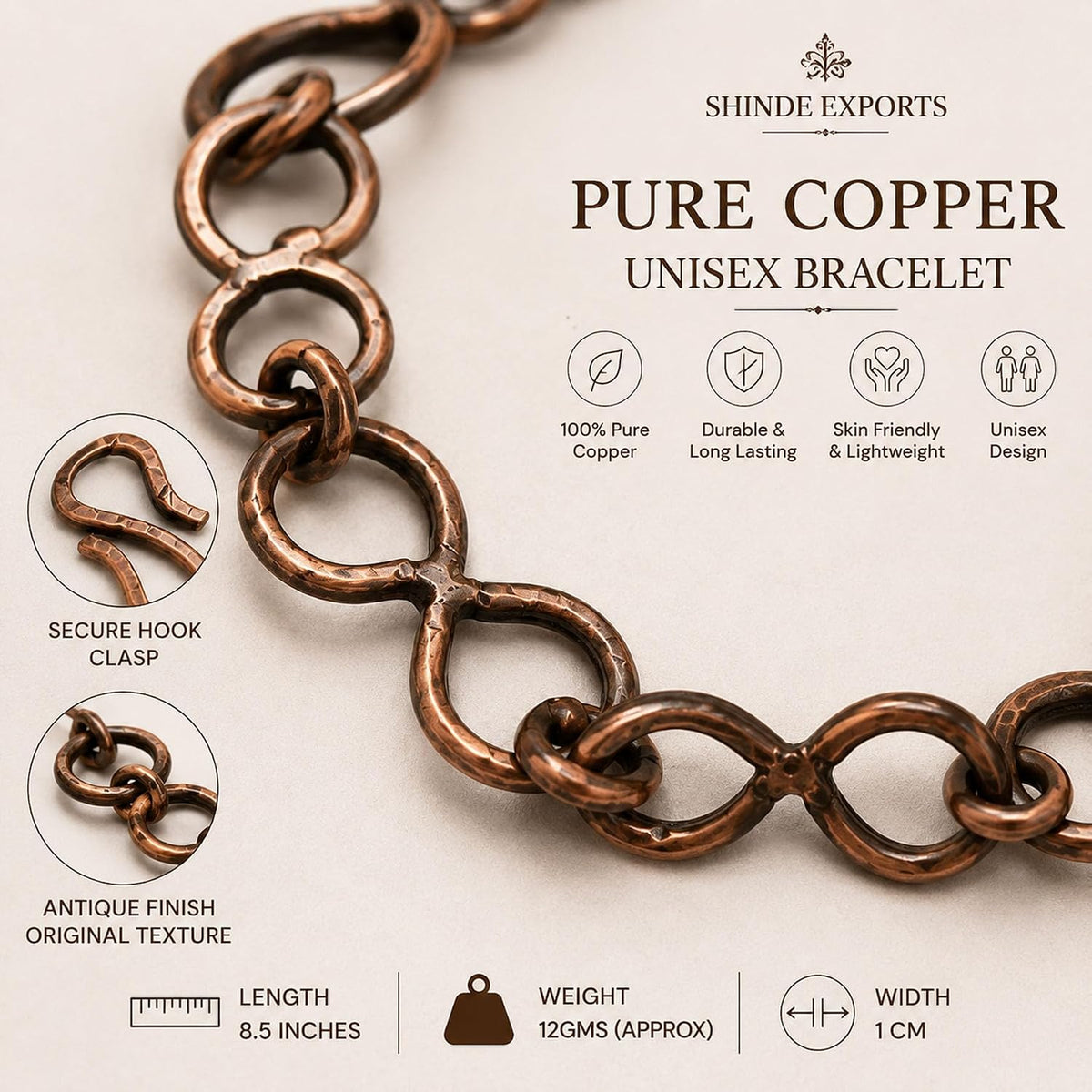 SHINDE EXPORTS Pure Copper Link Chain Bracelet Unisex S Hook 8.5 Inch
