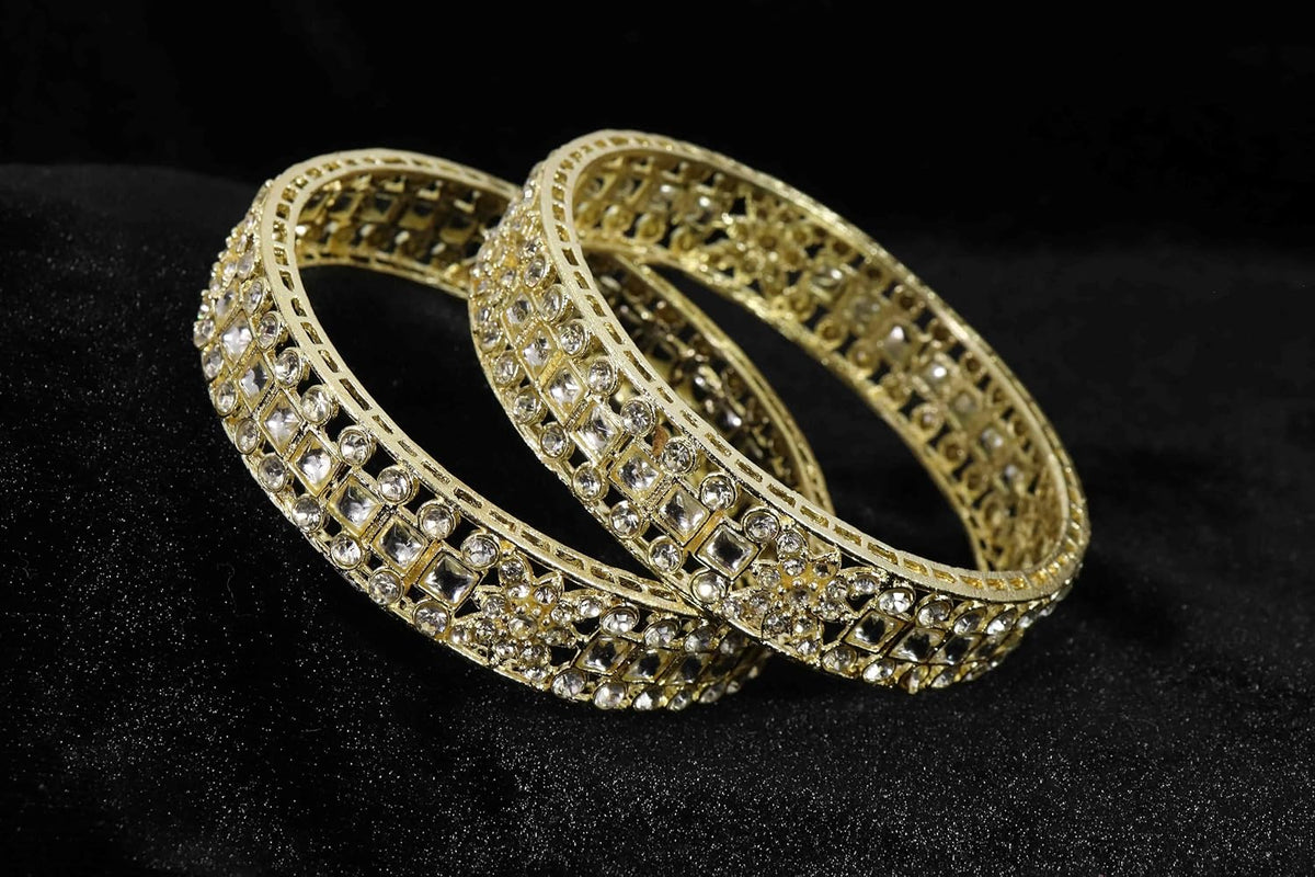 NMII Gold Plated Metal Kada Bangles Set For Women & Girls with American Diamond Stone | Stone Work Stylish Bangles Set | Traditional Bangles For Wedding, Party, Ocassion Fashion Jewellery- Set of 2