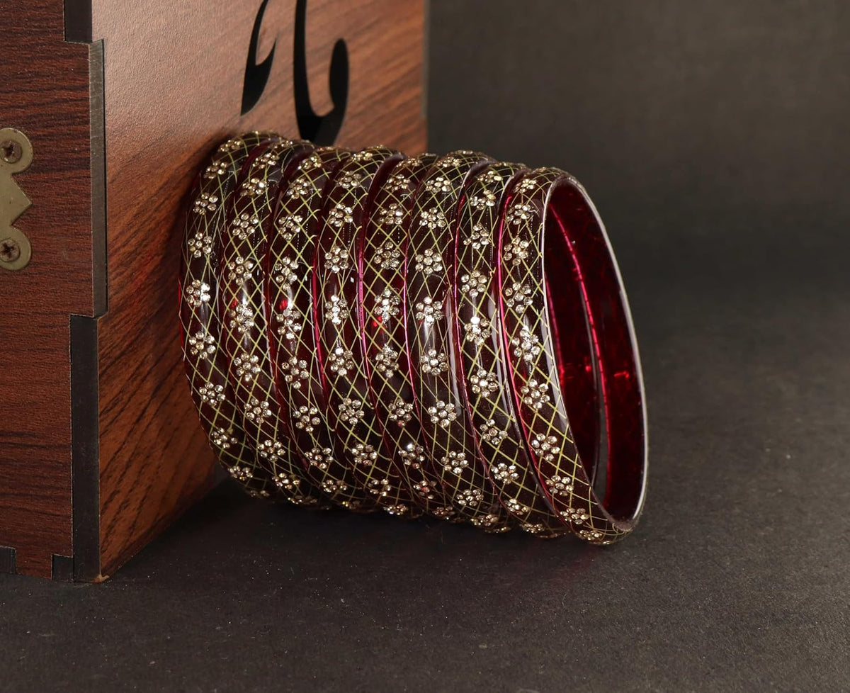 NMII Premium Crystal Glass Kada Set with Zircon Gemstone & Printed Design For Women & Girls | Transparent Glass Bangles | Latest Girl's Bangles | Bangles - Set of 8 (GK63_DottedFloralKada-Maroon-2.8)
