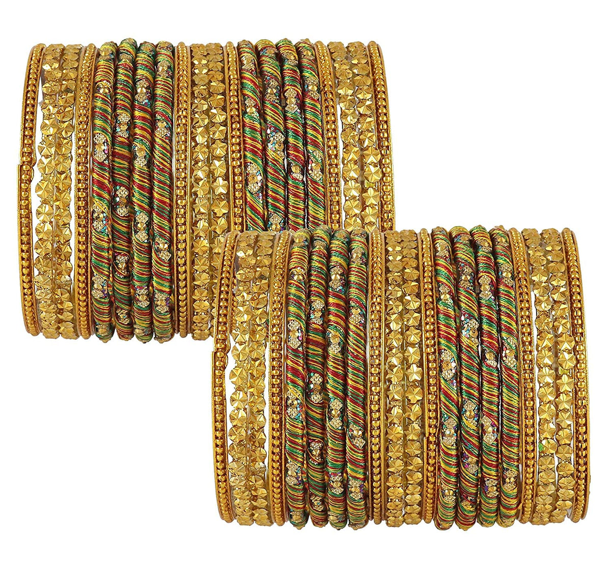 NMII Glass with Beads studded silk thread and Ball Chain Linked Bangle set for Women/Girls, (Multi_2.8 Inches), Pack Of 40 Bangles