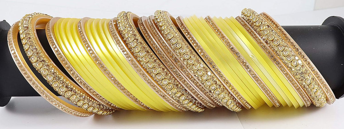 NMII Acrylic (Plastic) with Zircon Gemstone Or Beads and Spread with Glitter Pattern Glossy Finished Chuda Set For Women and Girls, (Yellow16_2.8 Inches), Pack Of 60 Bangle Set