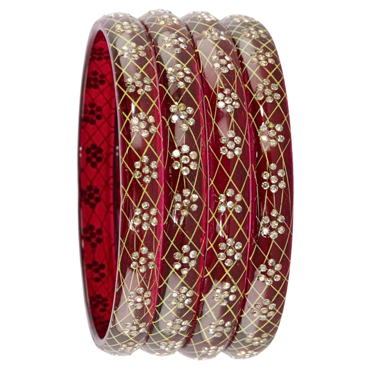 NMII Premium Crystal Glass Kada Set with Zircon Gemstone & Printed Design For Women & Girls | Transparent Glass Bangles | Latest Girl's Bangles | Bangles - Set of 8 (GK63_DottedFloralKada-Maroon-2.8)