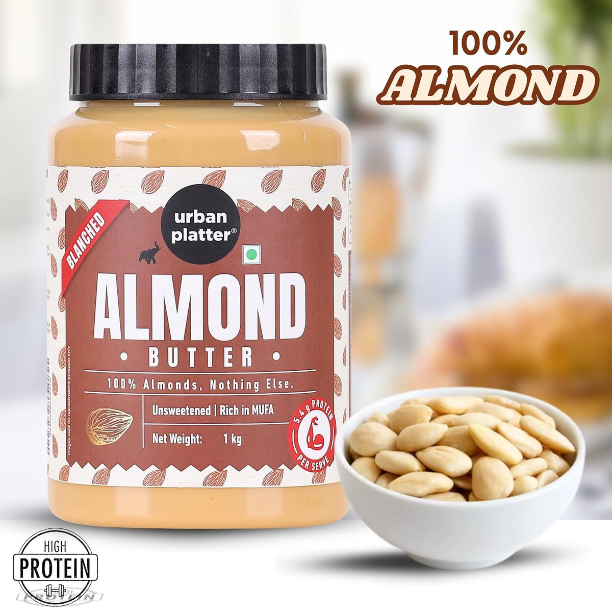 Urban Platter Almond Butter (Without Skin), 1Kg (Nutty Flavour | Single Ingredient | Keto-Friendly | Blanched Paste)