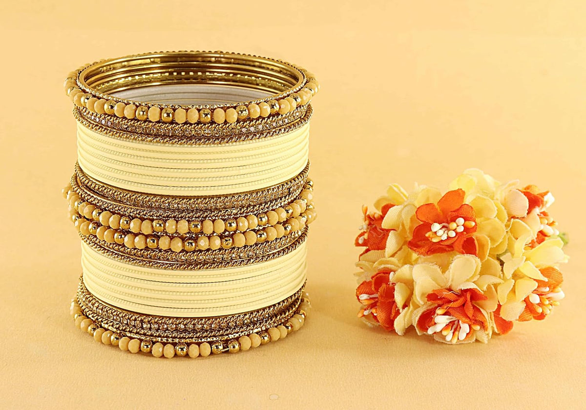 NMII Traditional Alloy Metal With Zircon Gemstone & Beads Chuda Bangles Set For Women & Girls | Designer Chuda For Women | Ethnic Chuda Set | Wedding, Pooja, Party, Everyday, Occasion