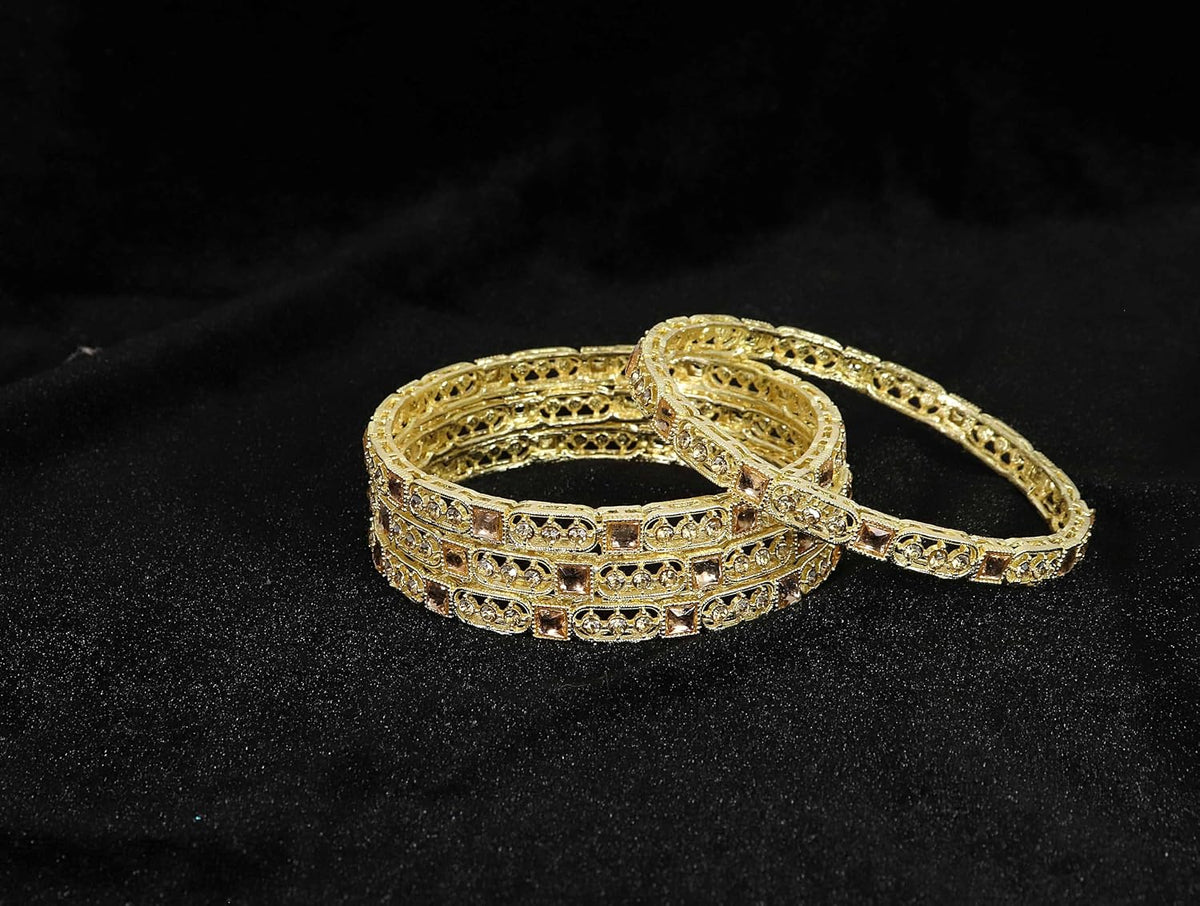 NMII Gold Plated Metal Kundan Stone & American Diamond Bangles Set For Women & Girls | AD Bangles | Traditional Bangles Set | Stone Work | Premium Design | Wedding, Party, Occasion- Set of 4