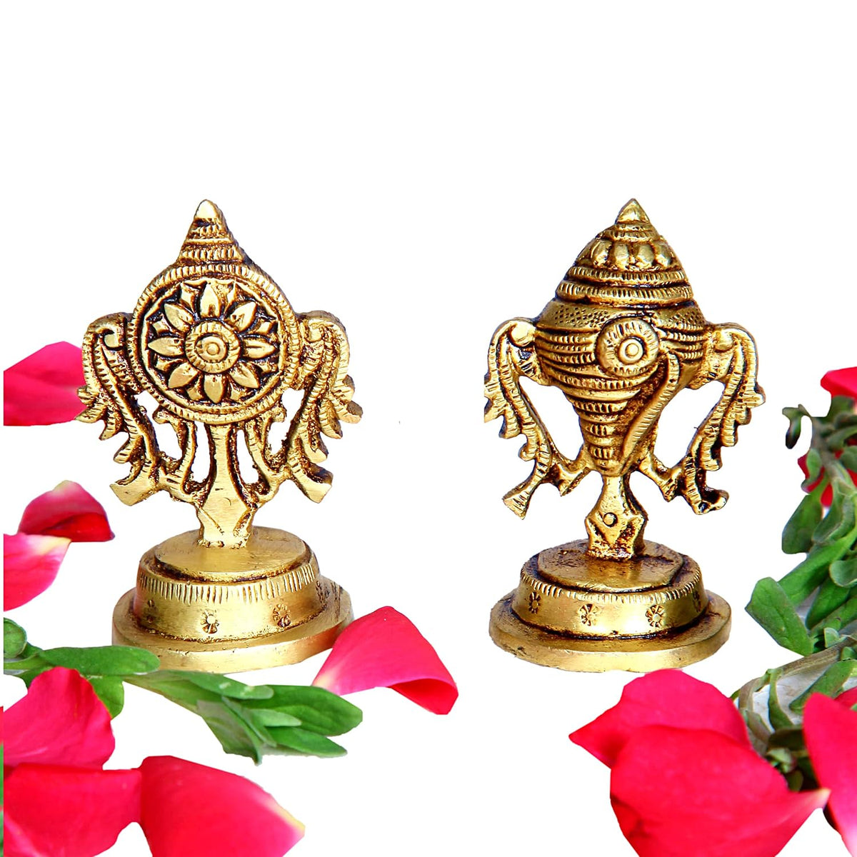 Aalayam Selveer Brass Shankh Chakra Set Small, 5.8cm Height, Brass, Gold Colour, 1 Set(1 No Brass Shankh + 1 No Brass Chakra)