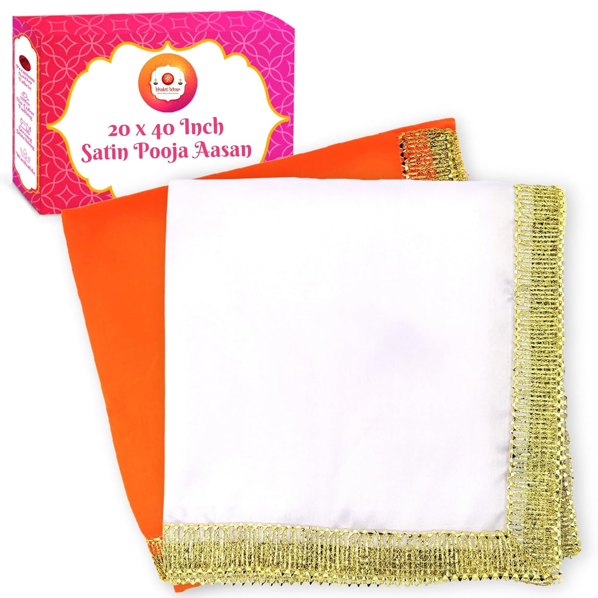 Bhakti Lehar Satin Pooja Aasan Cloth Mat for God Idol Sitting, Bhagwan Chowki, Ganesh Baithak, Temple Shelf, Home Mandir Decoration and Idol Backdrop (Orange + White, 20 x 40 Inch)