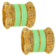 NMII 44 Pcs Velvet Bridal Chuda Set Work With Zircon Stone & Floral Design | Gold Plated Link Chain Chudi | Stone Studded Bangles | Metal Bridal Chura | Designer Choora For Wedding & Festive