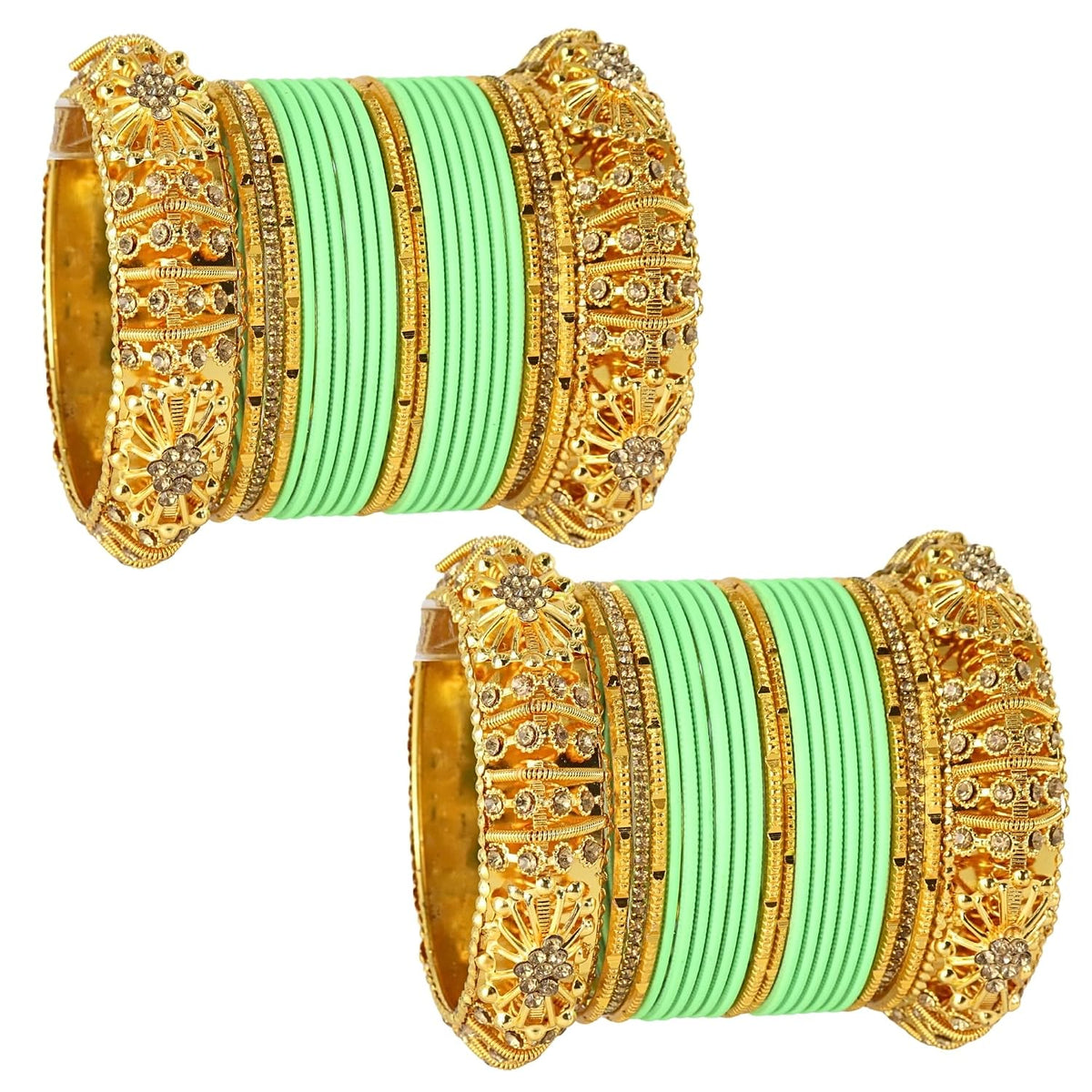 NMII 44 Pcs Velvet Bridal Chuda Set Work With Zircon Stone & Floral Design | Gold Plated Link Chain Chudi | Stone Studded Bangles | Metal Bridal Chura | Designer Choora For Wedding & Festive