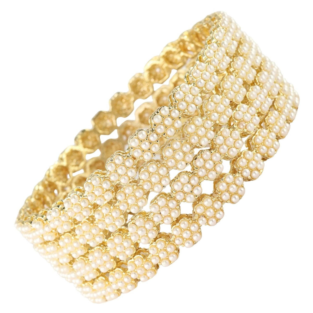 NMII Metal White Moti Bangles with Zircon Diamond Stone For Women & Girls | Designer Pearls Kada | Trendy Girl's Bangles Bracelet | Traditional Kangan For Wedding, Party, Festive, Everyday- Set of 4
