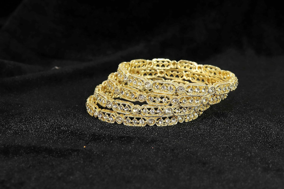 NMII Gold Plated Metal American Diamond Bangles Set For Women & Girls | Premium Traditional Design Kada Set For Women | Kada Bangles For Women | Wedding Fashion Jewellery- Set of 4
