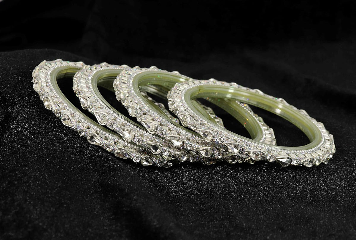NMII Golden Glass Zircon Gemstone & Beads Studded Bangles Kada Set For Women & Girls | Fancy Golden Kada Bangles | Traditional Rajwadi Kangan | Glass Bangles Wedding, Party, Daily use- Set of 4