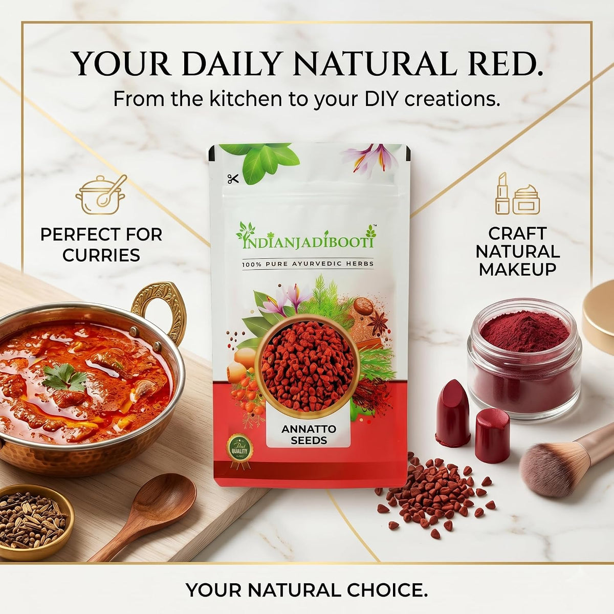 IndianJadiBooti Pure Annatto Seeds (Achiote) | 100% Natural Red Food Color & Earthy Spice for Cooking, Gravies & DIY Cosmetics (100 Grams)
