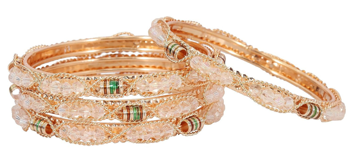 NMII Alloy Metal Golden Bangles Set For Girls & Women Studded Pearls, Beads and Chain | Stylish Bangles Set | Fancy Bangles Jewellery | Women's Bangle | (Pack of 4)