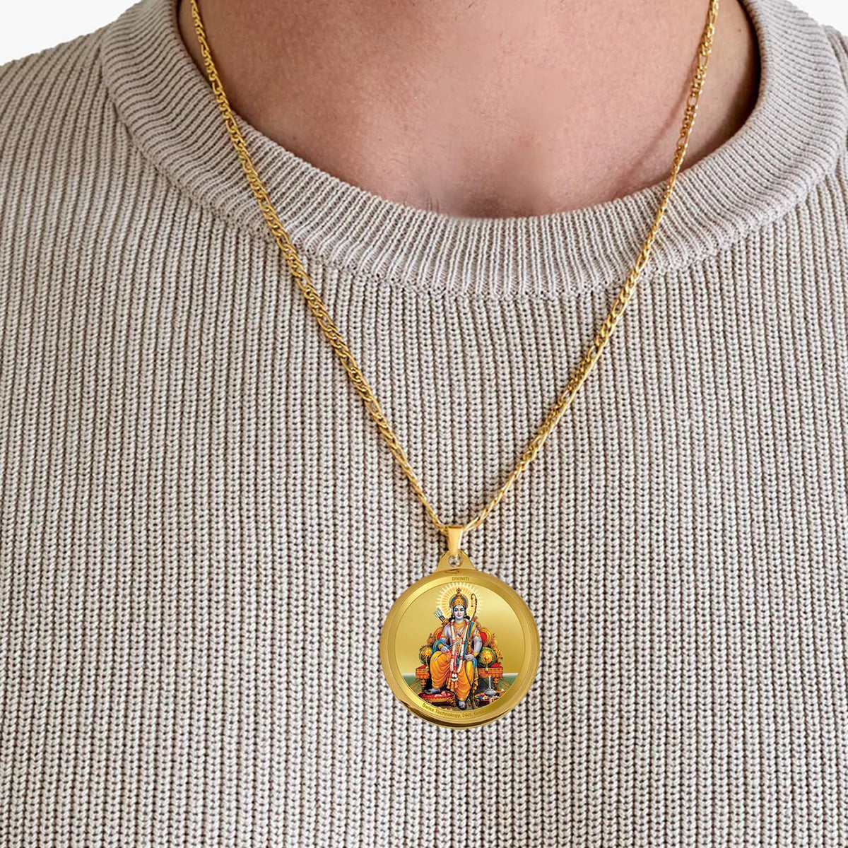 Diviniti 24K Gold Plated Ram Ji & Jai Shri Ram Pendant For Men, Women & Kids | 28 MM Double Sided Stylish Pendant Necklace For Girls | Divine God Pendant For Birthday Gift