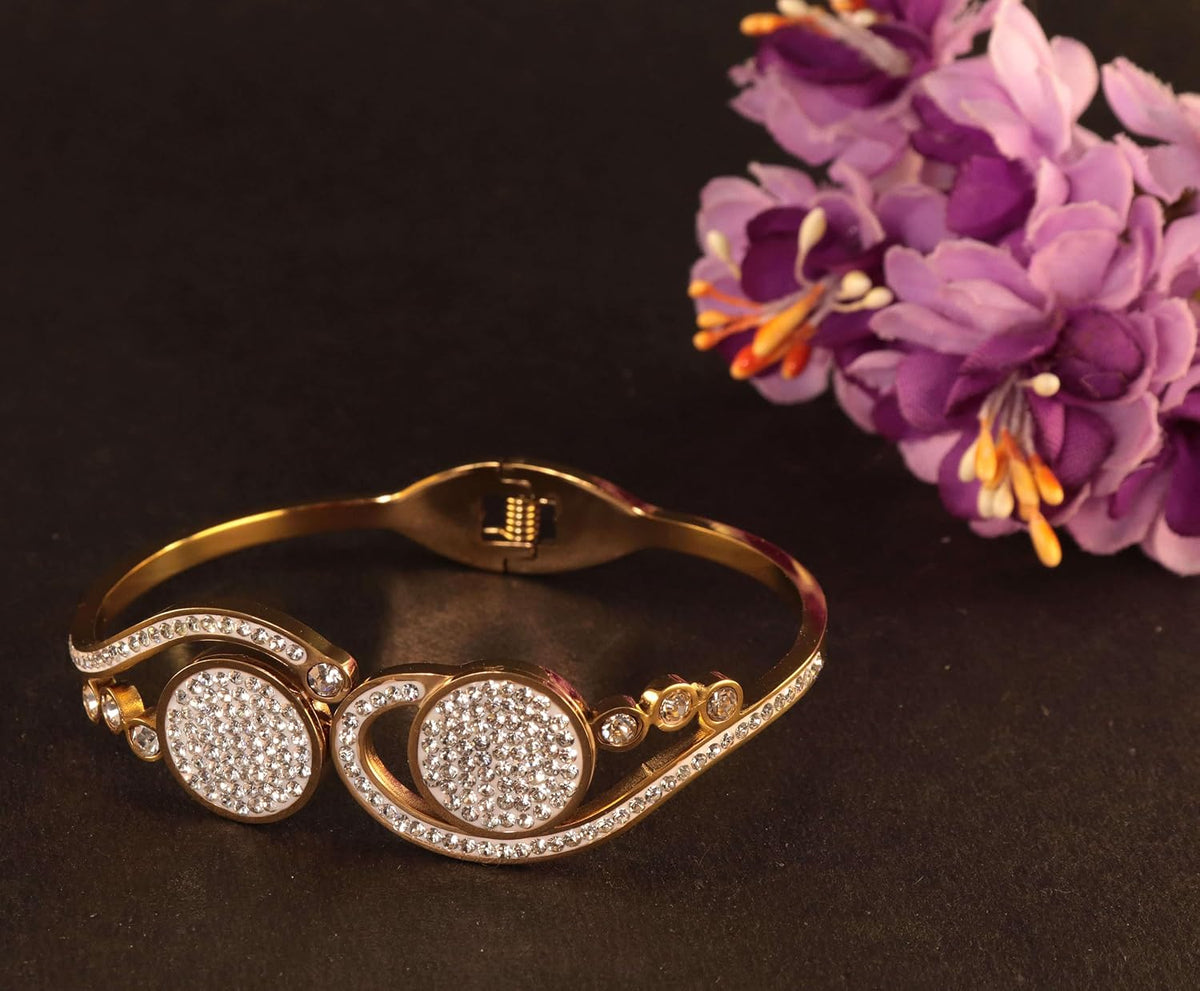 NMII Designer Gold Plated Bracelet for Women & Girls Studded with Shiny Zircon Stones & Dual Round Design | Trendy Kada Bracelet | Cuff Set | Gift For Birthday, Wedding & Festivals - Set Of 1 (Gold)